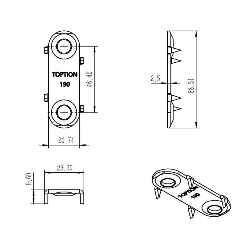 HUAYE-190 conveyor belt fastener dimensions — width 20.74mm height 46.46mm